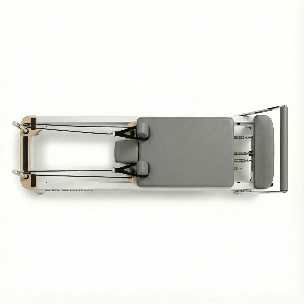 Reformly aluminium reformer pilates machine with grey leather and white frame