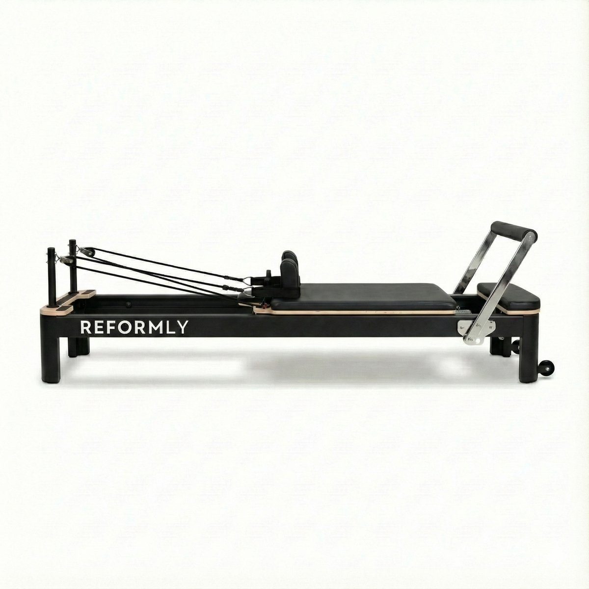 Reformly Aluminium fixed frame Pilates reformer, black frame, black leather