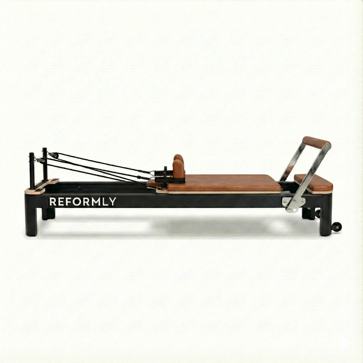 Reformly Aluminium fixed frame Pilates reformer, black frame, brown leather
