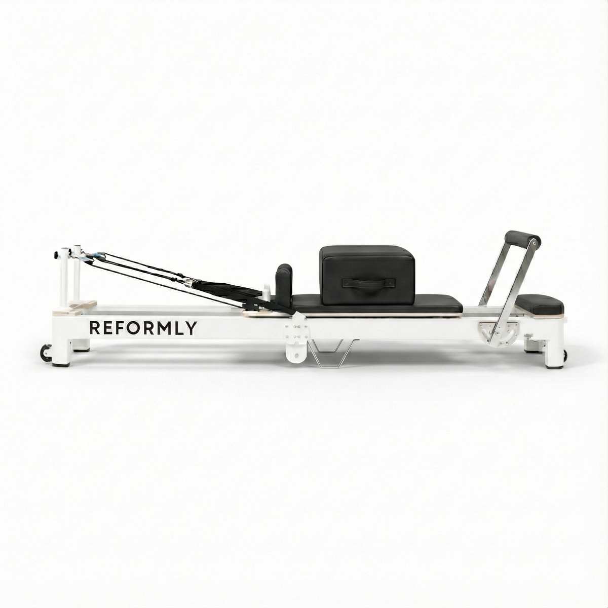 Reformly Fold foldable aluminium Pilates reformer, black leather, white frame