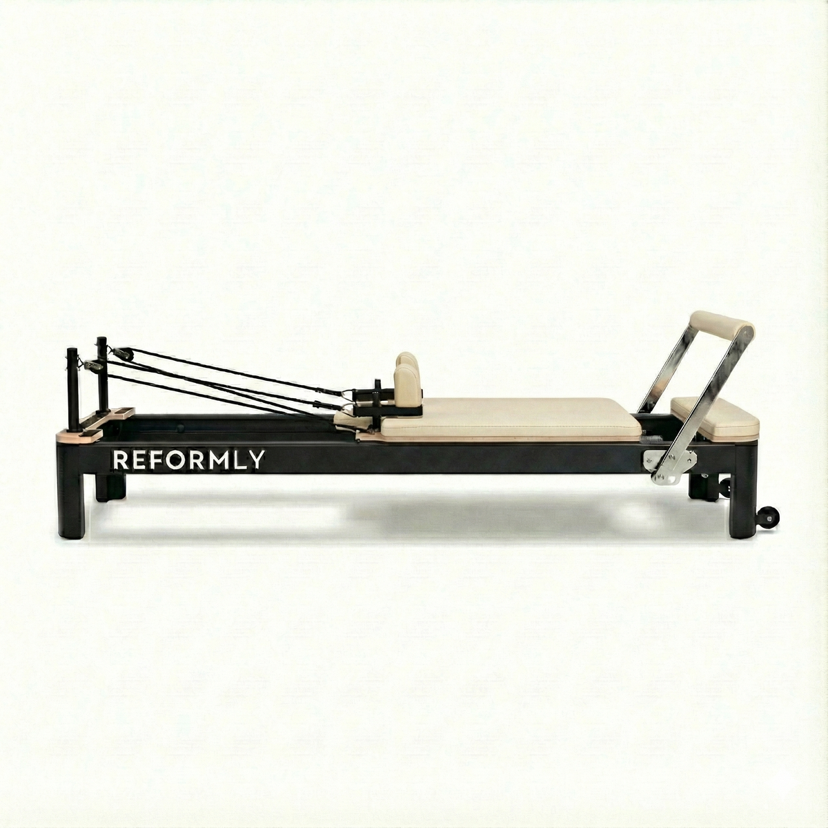 Reformly Aluminium fixed frame Pilates reformer, black frame, cream white leather