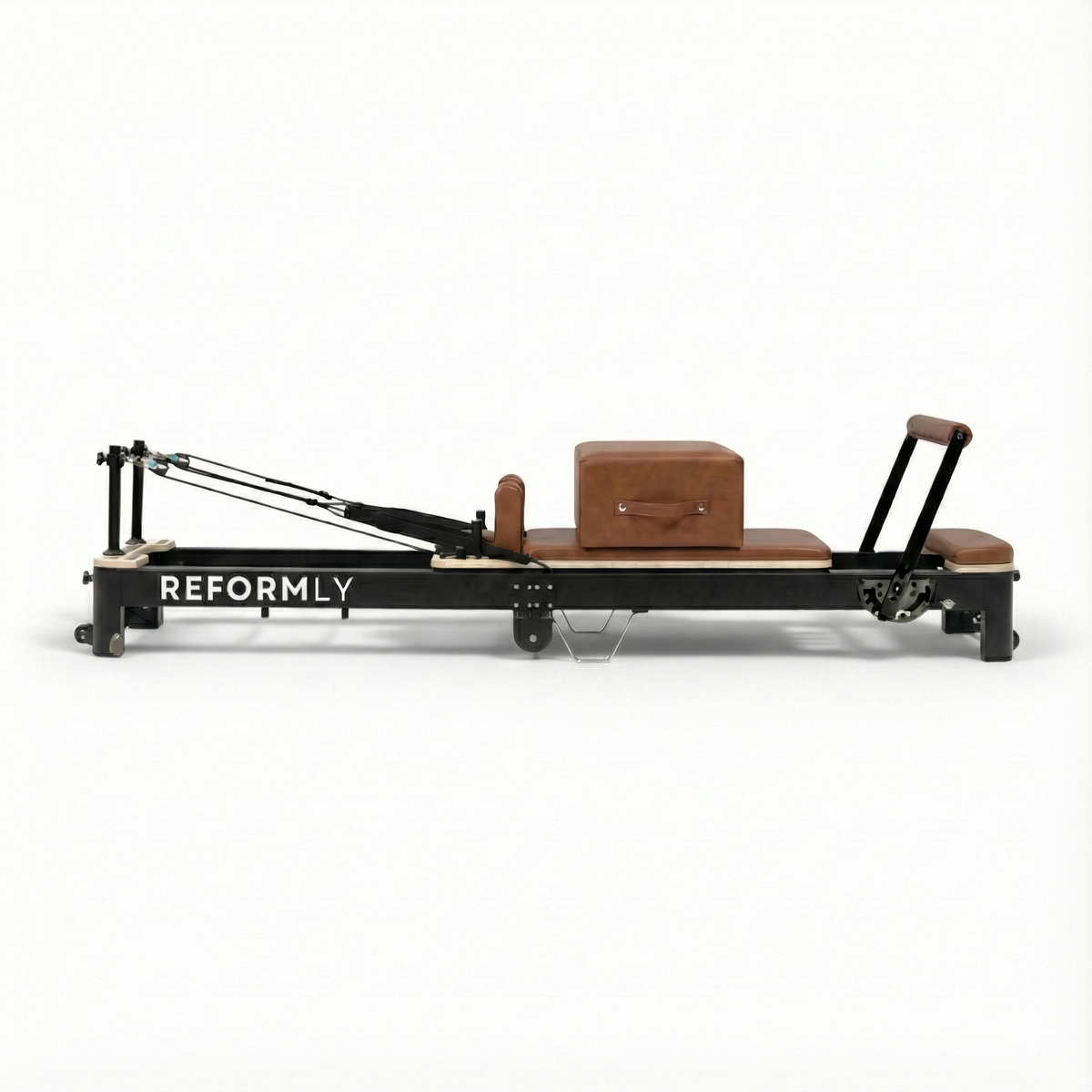 Reformly Fold foldable aluminium Pilates reformer, brown leather, black frame