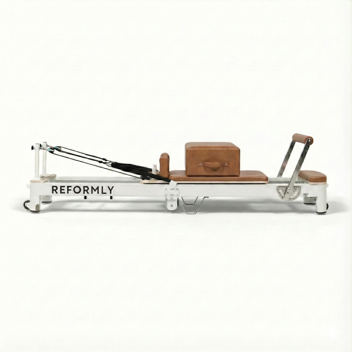 Reformly Fold foldable aluminium Pilates reformer, brown leather, white frame