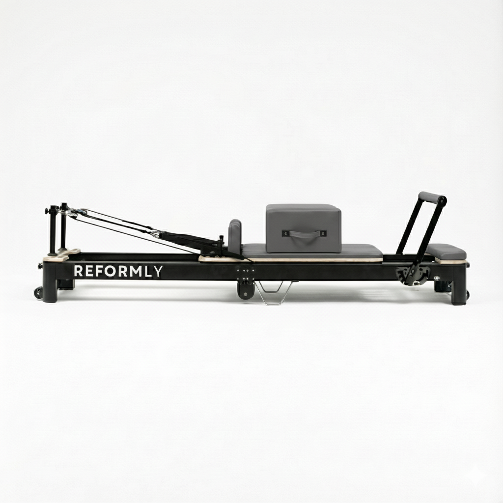 Reformly Fold foldable aluminium Pilates reformer, grey leather, black frame