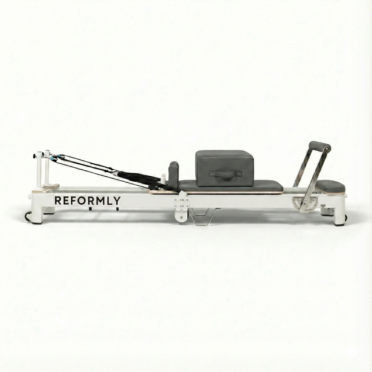 Reformly Fold foldable aluminium Pilates reformer, grey leather, white frame