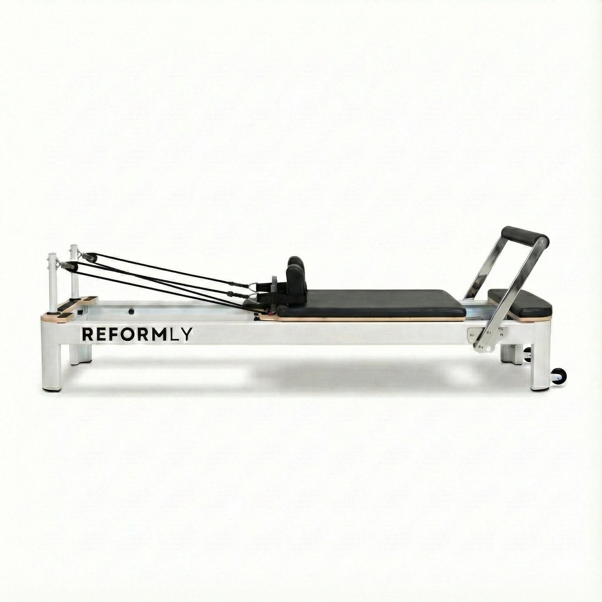 Reformly Aluminium fixed frame Pilates reformer, white frame, black leather