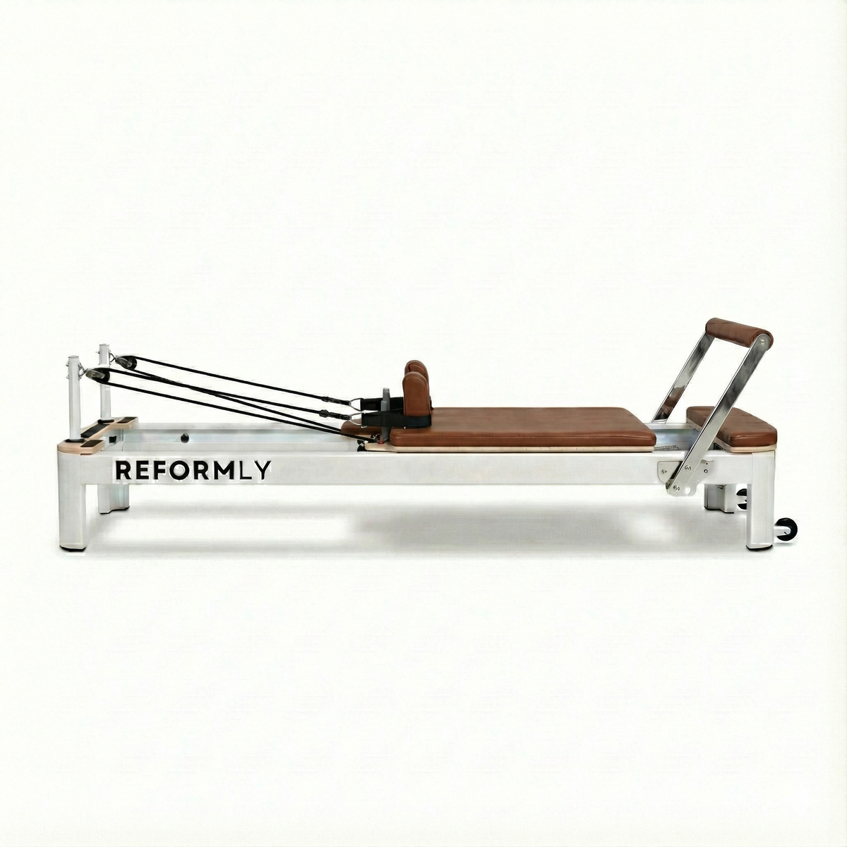Reformly Aluminium fixed frame Pilates reformer, white frame, brown leather