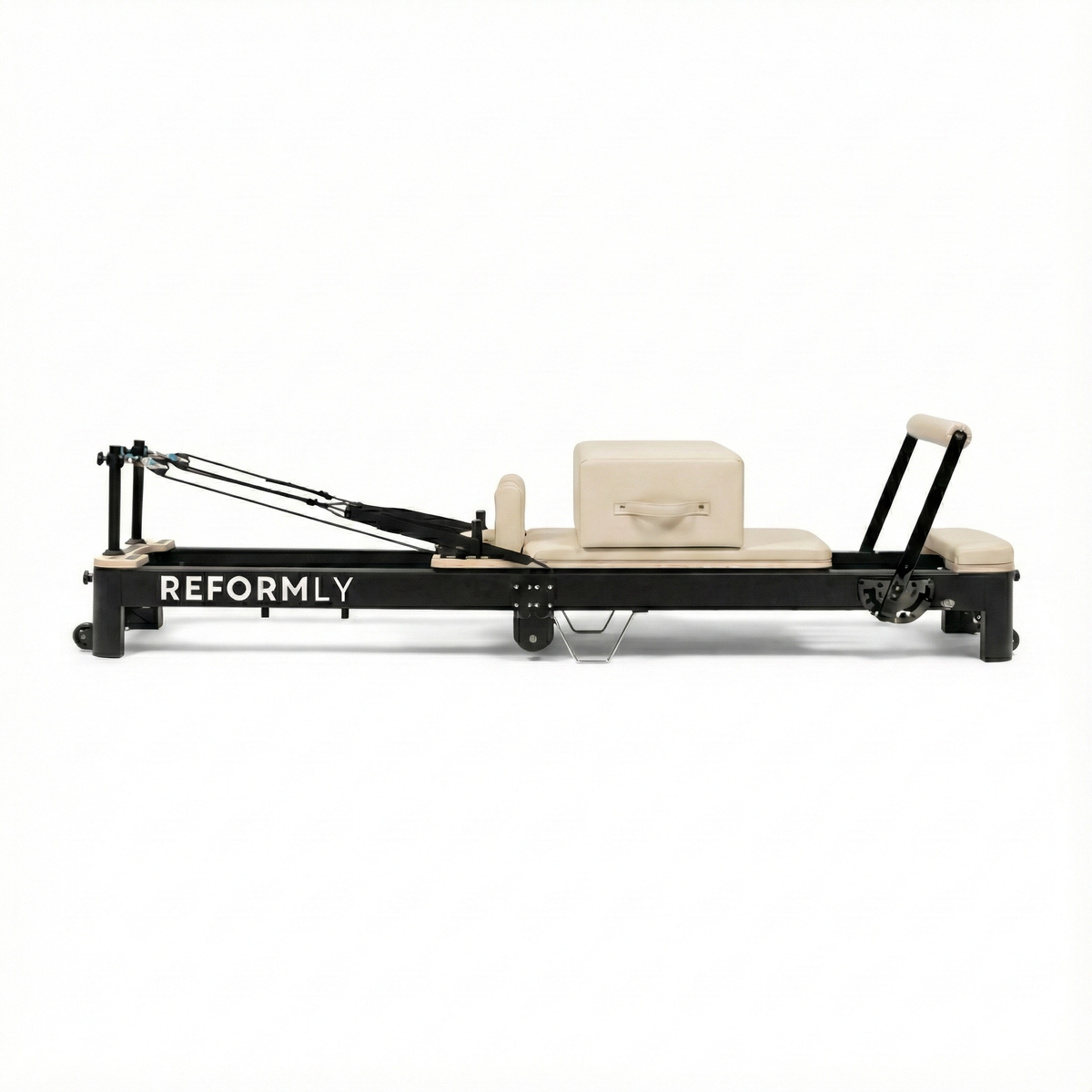 Reformly Fold foldable aluminium Pilates reformer, white leather, black frame