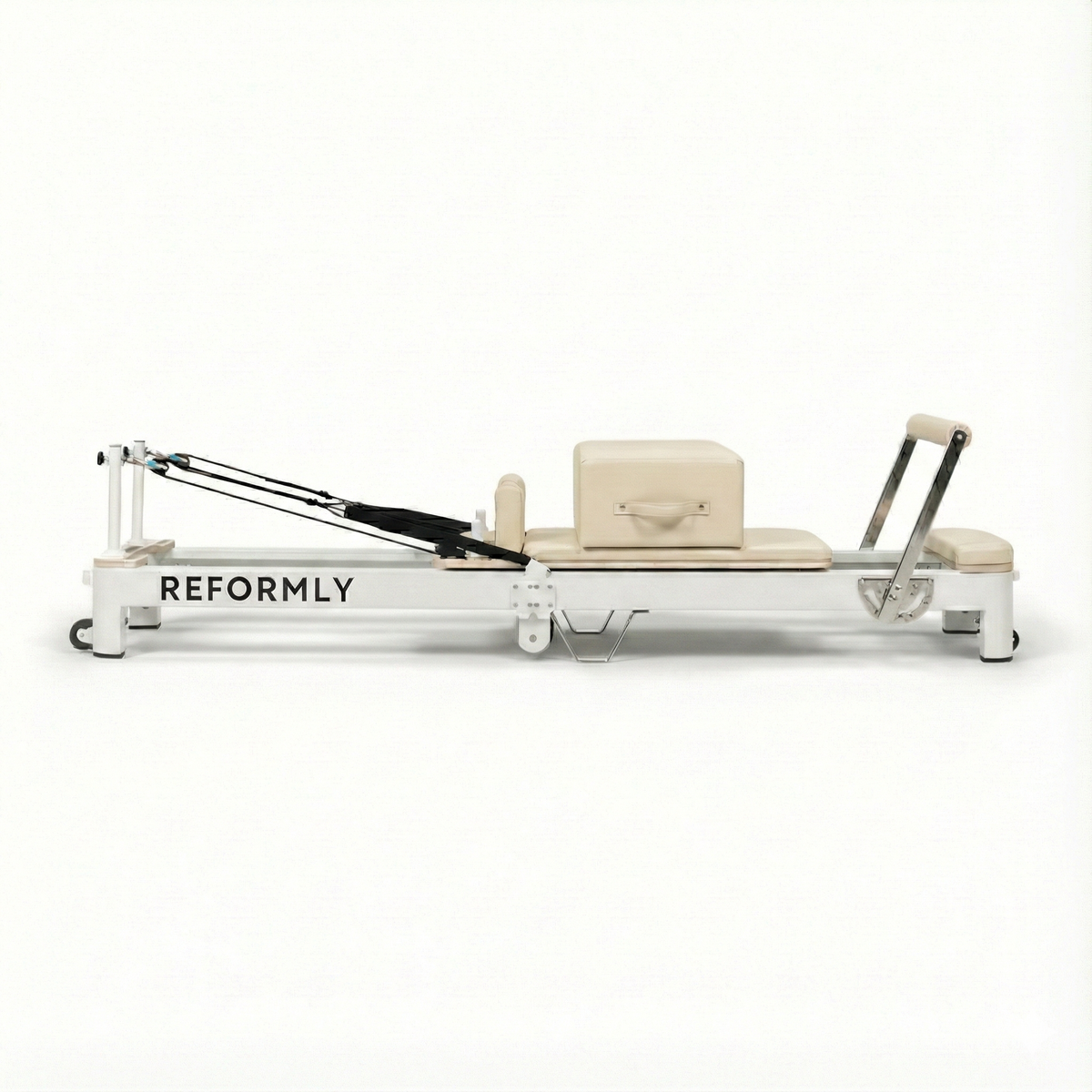 Reformly Fold foldable aluminium Pilates reformer, white leather, white frame
