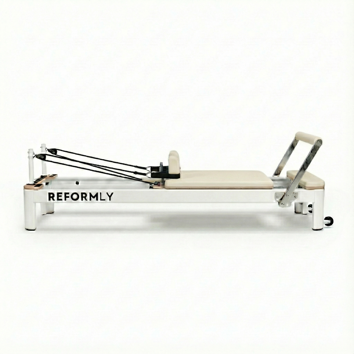 Reformly Aluminium fixed frame Pilates reformer, white frame, cream white leather